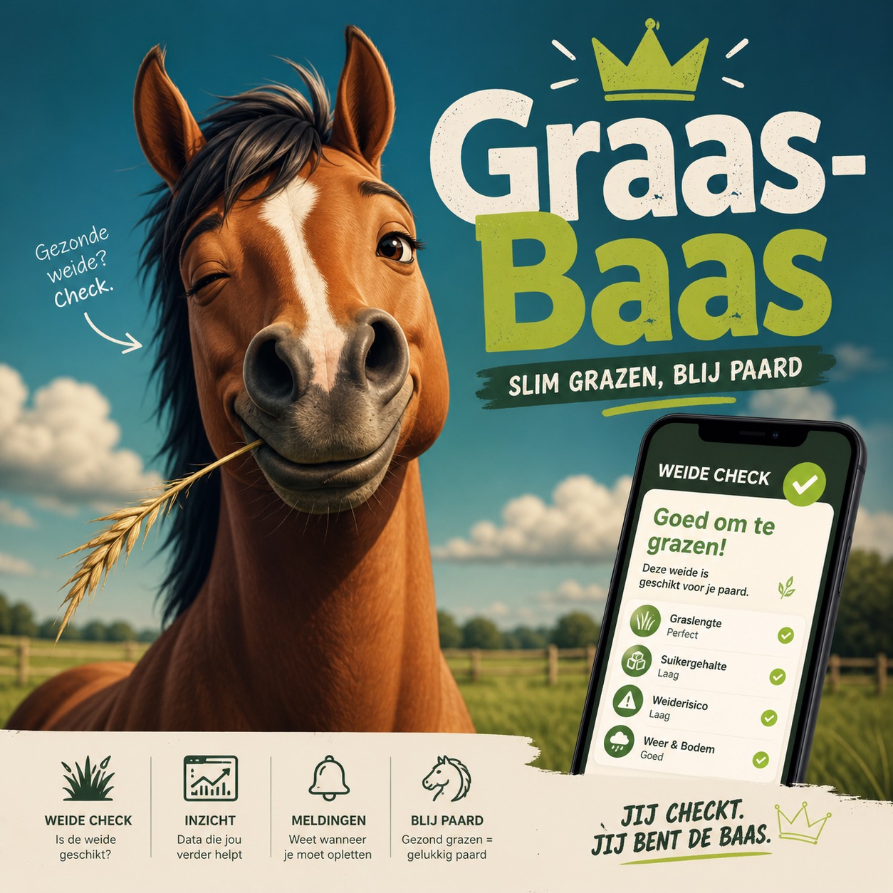 Graas-Baas — Slim grazen, blij paard
